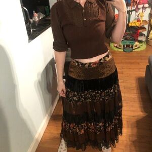 “At last” Vintage whimsical floral maxi skirt with velvet and lace patchwork